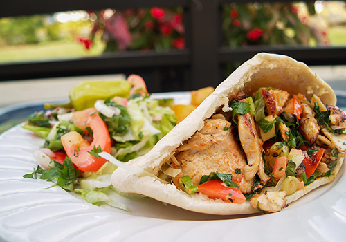 Grilled chicken sandwich in a pita pocket wrap or toasted pide.