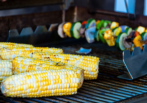 BBQ corn and veggie kebabs.